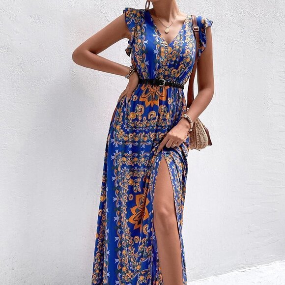 Navy Blue Casual Womens Scarf Print Ruffle Trim Split Thigh Dress Withou… - Picture 2 of 5